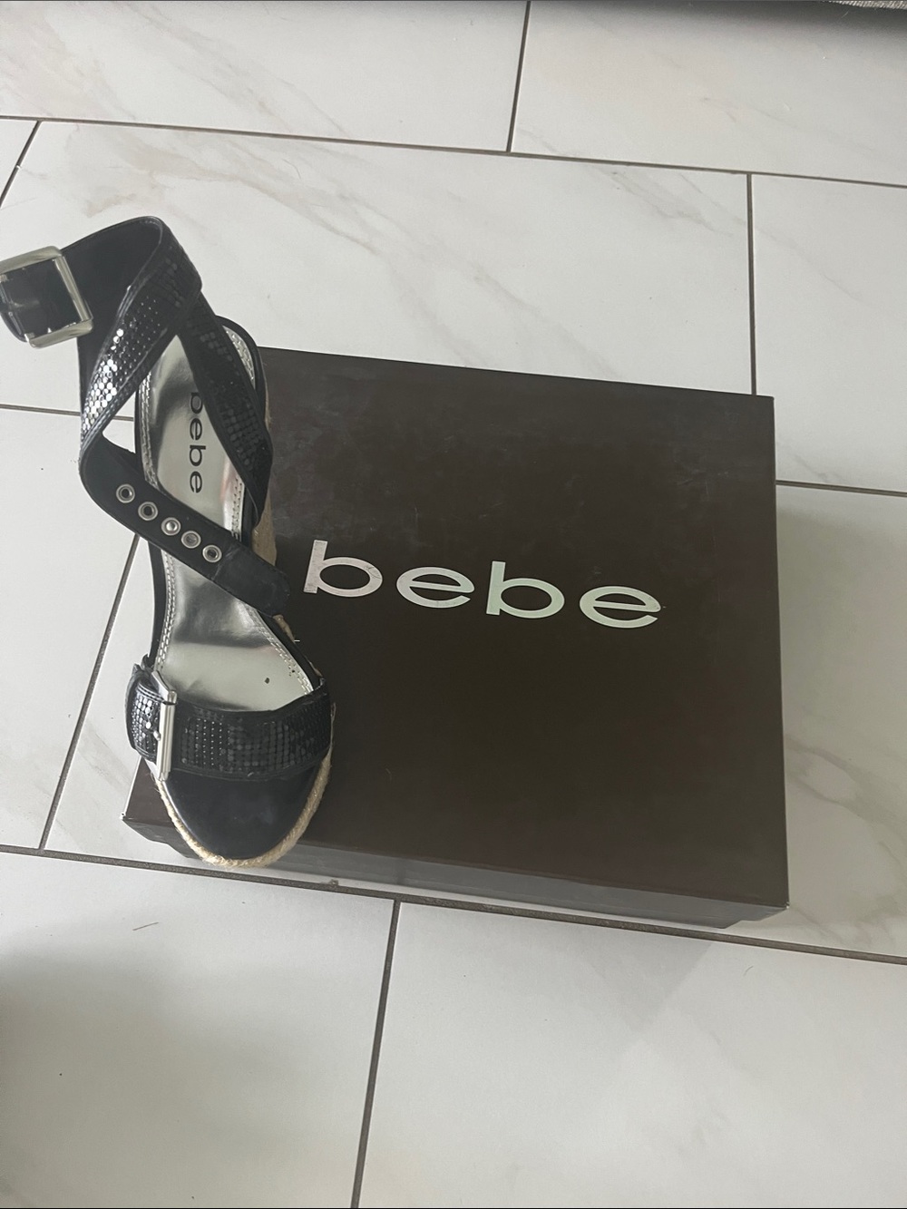 bebe Black Textured Espadrille Wedge Sandals with Buckle Straps - Picture 6 of 6
